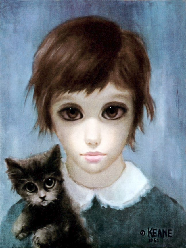 Big eyes is a 2014 american biographical drama film directed by tim burton, written by scott alexander and larry karaszewski and starring amy adams and christoph waltz.the film is about the life of american artist margaret keane—famous for painting and drawing portraits of people with big eyes. Big Eyes Cat Painting - Girl With Cat Keane Eyes Gallery