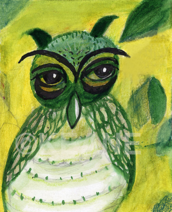 GREEN OWL IN YELLOW